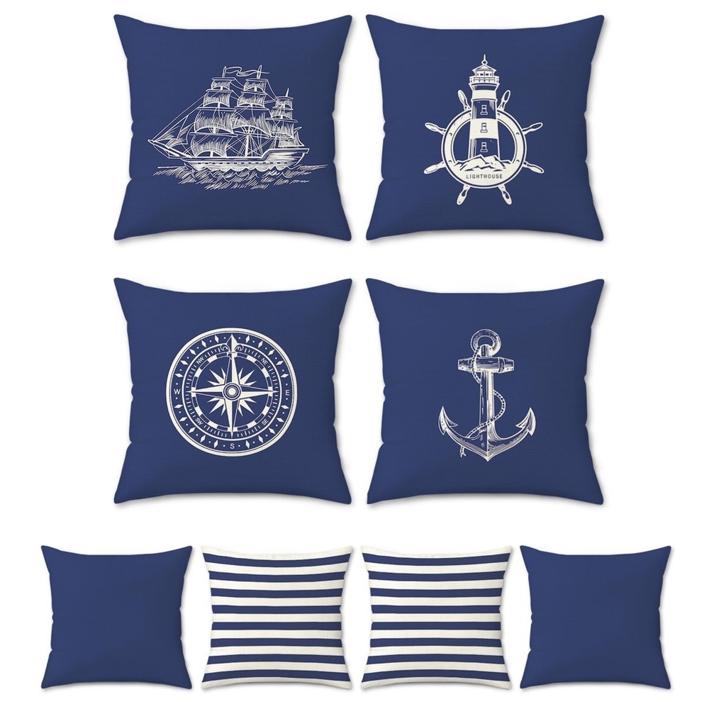 Bonhause Nautical Blue Pillow Covers 16x16 4 Anchor Lighthouse Sailboat Compass